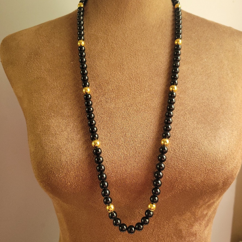 Vintage Trifari Black Gold Tone Beaded Opera Length Necklace 30" Dark Academia